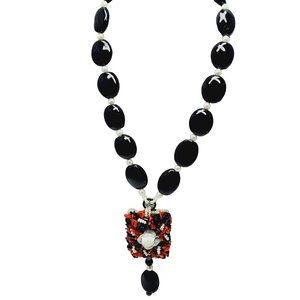 Vintage Signed Glass Pearl & Branch Coral Pendant Necklace (A854)